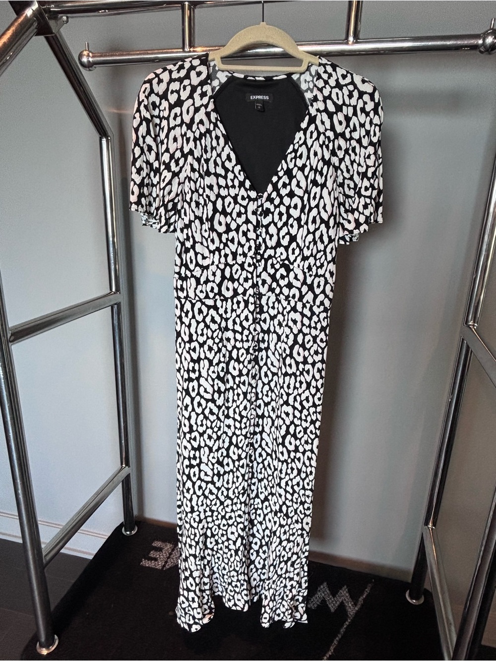 Express Black and White Leopard Print V-Neck Maxi Dress